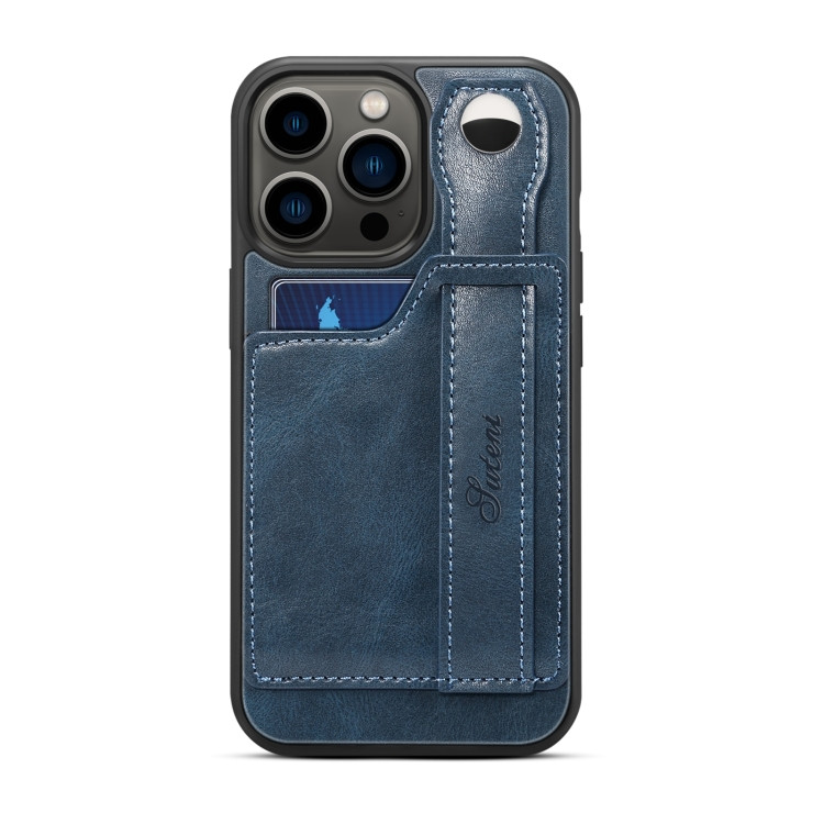 Кожаный чехол Suteni для iPhone 15 Pro Max с держателем и кармашком для карт (Blue)