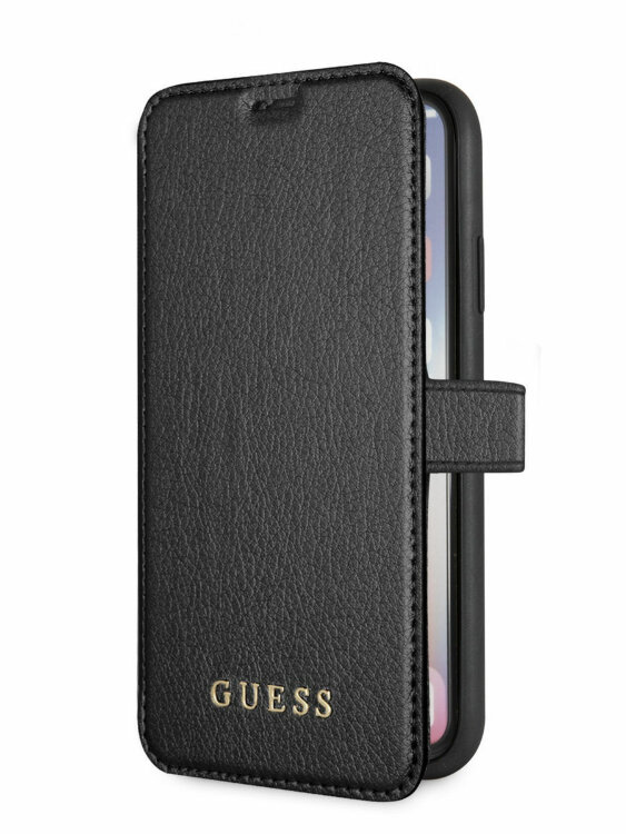 Кожаный чехол-книжка для iPhone X/XS Guess Iridescent Booktype Black/Black (GUFLBKPXIGLBK)