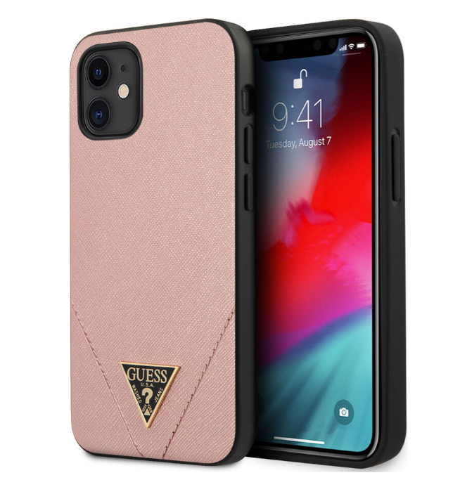 Чехол-накладка для iPhone 12 mini (5.4) Guess PU Saffiano Triangle metal logo Hard, Pink (GUHCP12SVSATMLPI)