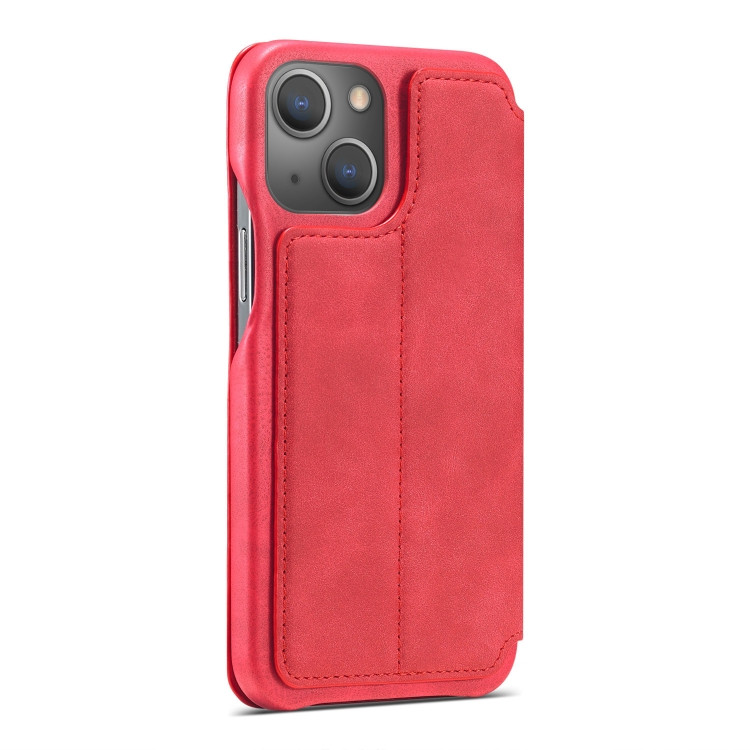 Кожаный чехол-книжка LC.IMEEKE для iPhone 15 Plus с магнитным флипом и разъемом под карточки (Red)