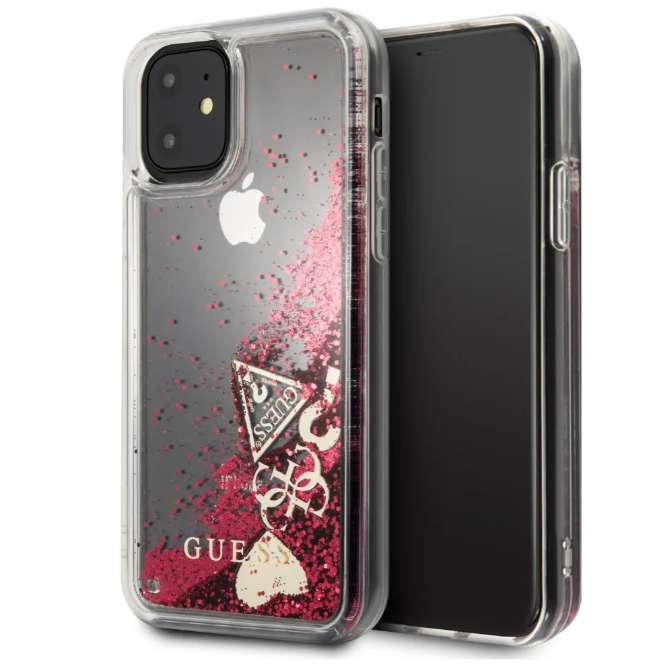 Чехол с жидким гелем для iPhone 11 Guess Liquid Glitter Hard Hearts, Raspberry (GUHCN61GLHFLRA)
