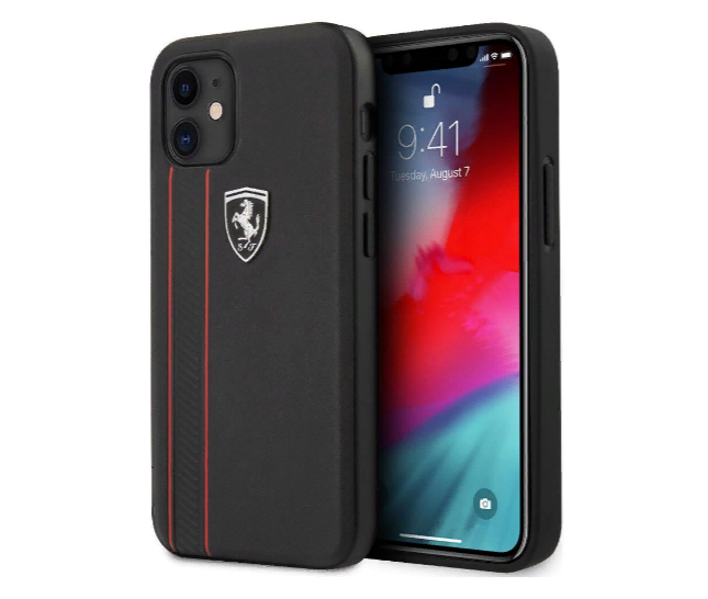 Чехол-накладка Ferrari для iPhone 12 mini (5.4) Off-Track Genuine Leather Stitched Stipe Hard Black (FEODIHCP12SBK)