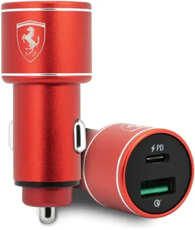 Автомобильное зарядное устройство Ferrari Dual port 36W (USB-C PD18, USB QC3.0 18W) Aluminium Red (FEOCCALRE)