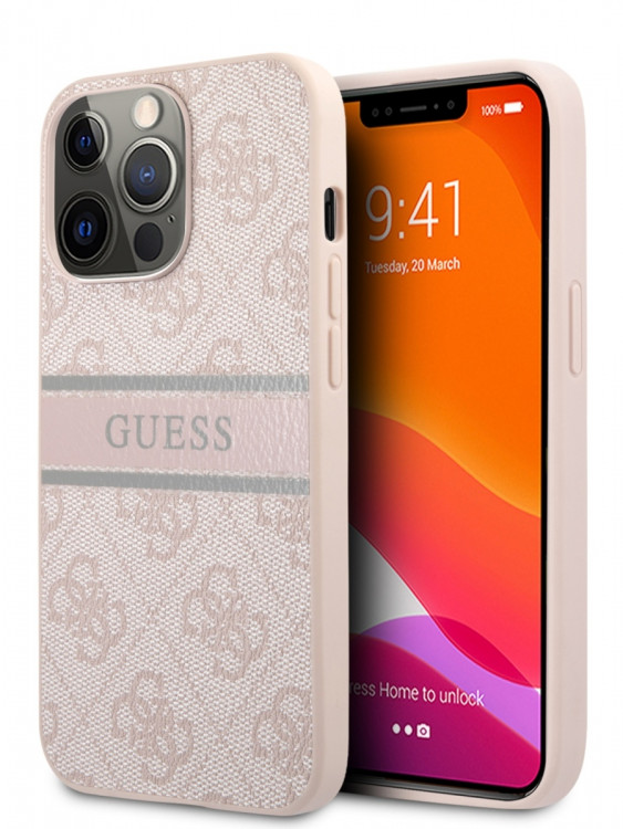 Чехол для iPhone 13 Pro Guess PU 4G Stripe printed logo Hard Pink (GUHCP13L4GDPI)