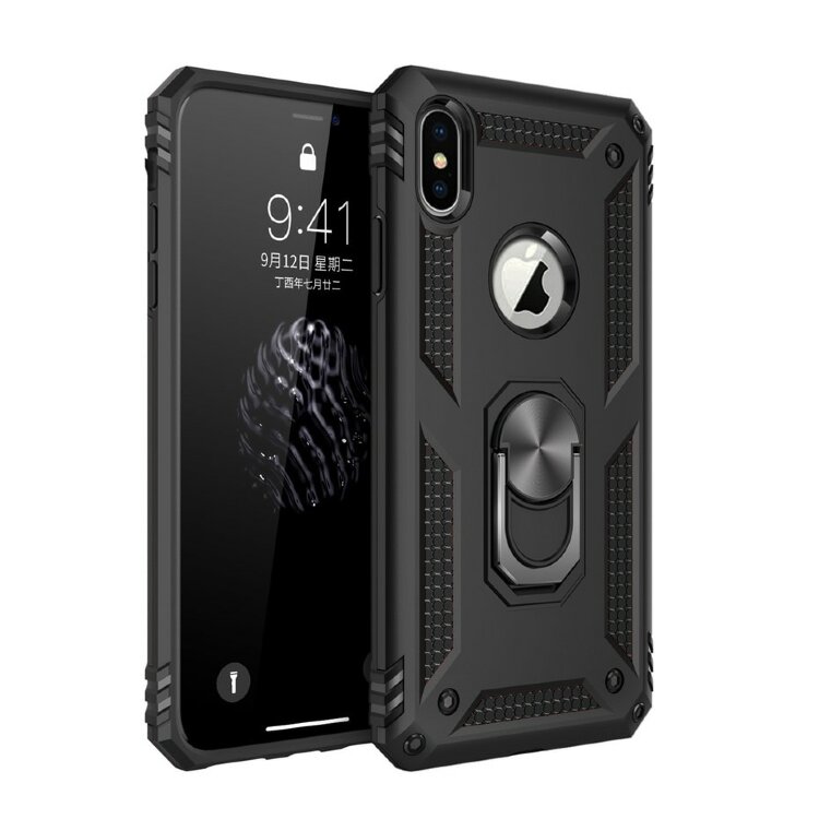 Противоударный чехол для iPhone XS / X с металлическим кольцом для магнитных держателей (Black)