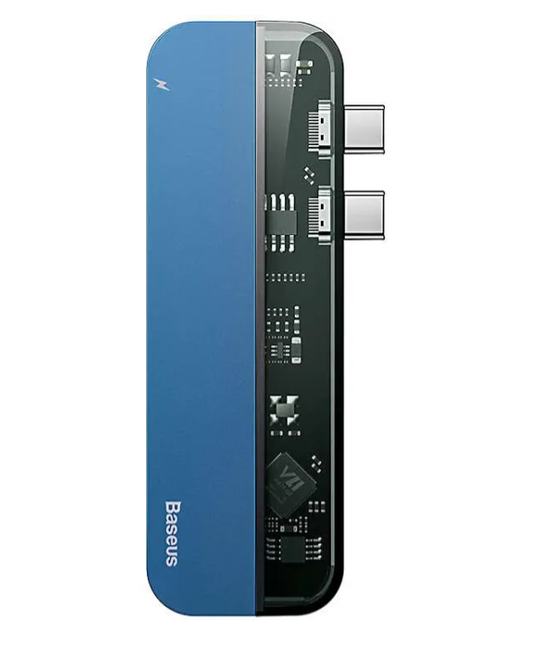 Переходник HUB-адаптер Baseus Transp series Dual Type-C (Type-C to Type-C*2+USB3.0*2+4K HD*1), Blue (CAHUB-TS03)