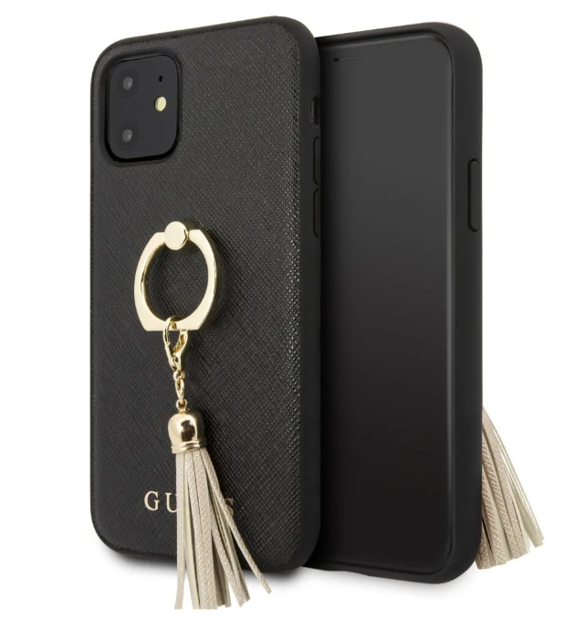 Чехол с кольцом для iPhone 11 Guess Saffiano Hard PU + Ring, Black (GUHCN61RSSABK)