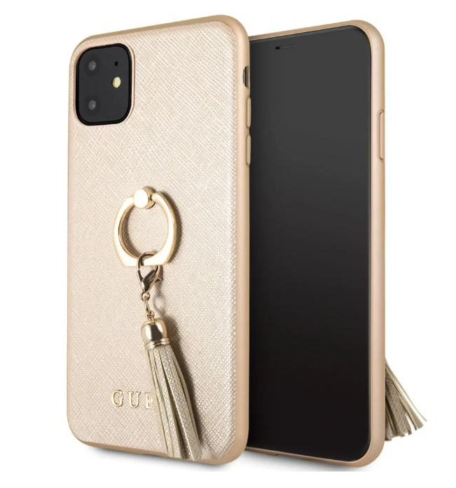 Чехол с кольцом для iPhone 11 Guess Saffiano Hard PU + Ring, Beige (GUHCN61RSSABE)