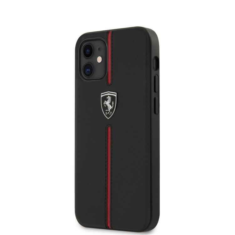 Чехол-накладка Ferrari для iPhone 12 mini (5.4) Off-Track Genuine Leather/Nylon Stripe Hard Black (FEOMSHCP12SBK)