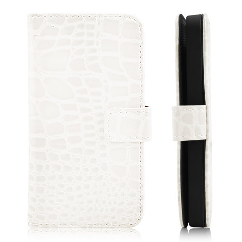 Кожаный чехол книжка с горизонтальным флипом для iPhone 5 / 5S под крокодила (белый)