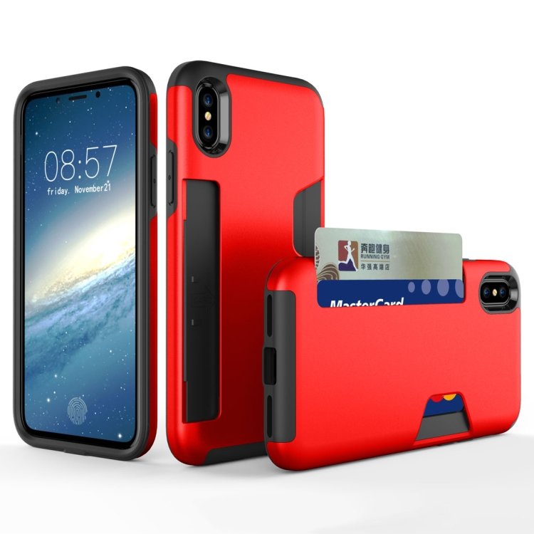 Противоударный чехол для iPhone X / XS с кармашком для карточек TPU + PC (Red)