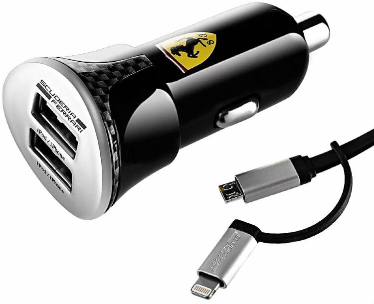 Автозарядка Ferrari 2xUSB 2.1A + кабель 2в1 Lightning MFI и Micro USB (Black) FEBCCCBUNBK 