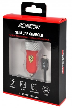 Автозарядка Ferrari 2xUSB 2.1A + кабель micro USB в комплекте FERUCC2UMIRE (красный) с двумя USB портами