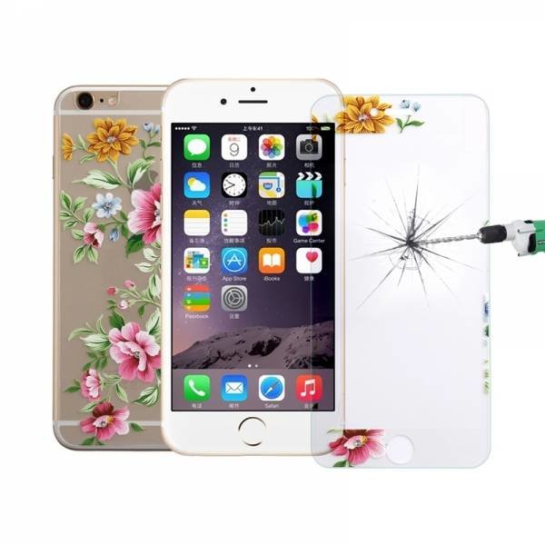 Защитное стекло 0,26мм со стразами и 3D рисунком для iPhone 6/6S комплект на переднюю и заднюю стороны Full Body (цветы)