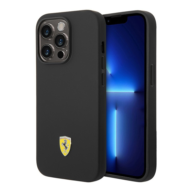 Чехол для iPhone 14 Pro Ferrari Liquid silicone with metal logo Hard Black (FEHCP14LSIBBK)