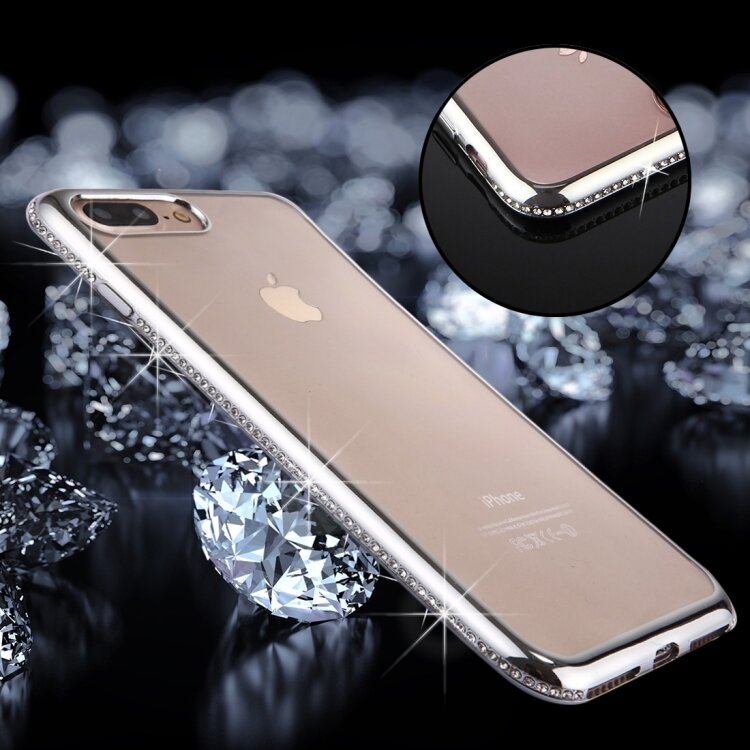 Силиконовый чехол для iPhone 8 Plus / 7 Plus со стразами на рамке, прозрачный Diamond TPU (Silver)