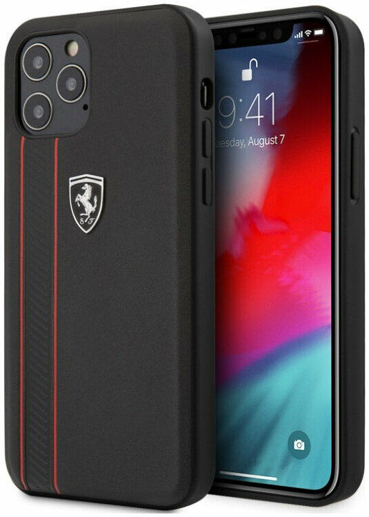 Чехол-накладка Ferrari для iPhone 12 Pro Max (6.7) Off-Track Genuine Leather Stitched Stipe Hard Black (FEODIHCP12LBK)