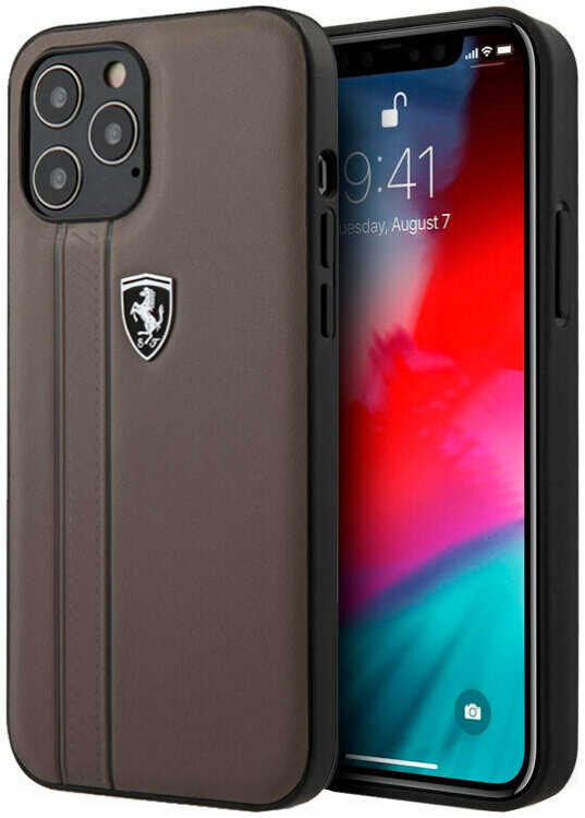 Чехол-накладка Ferrari для iPhone 12 Pro Max (6.7) Off-Track Genuine Leather Stitched Stipe Hard Brown (FEODIHCP12LBR)