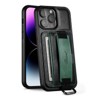 Кожаный чехол Suteni для iPhone 14 Plus с держателем и кармашком для карт (Black)