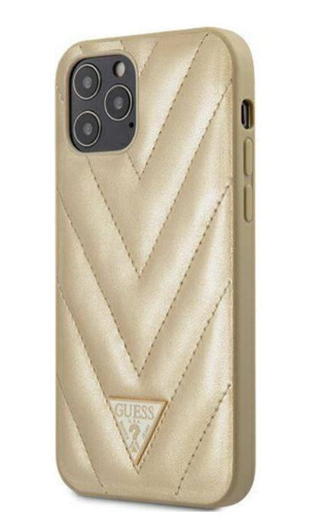 Чехол-накладка для iPhone 12 / 12 Pro (6.1) Guess Quilted V Triangle metal logo Hard PU, Gold (GUHCP12MPUVQTMLBE)