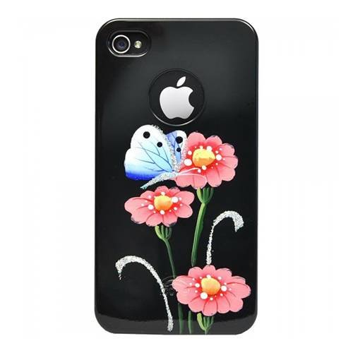Чехол накладка iCover для iPhone 4/4S Anemone Black/Pink (IP4-HP/BK-AM/P) розовые цветы с синей бабочкой на черном фоне