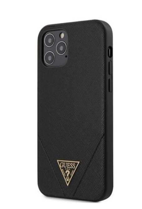 Чехол-накладка для iPhone 12 / 12 Pro (6.1) Guess Saffiano Triangle metal logo Hard PU, Black (GUHCP12MVSATMLBK)