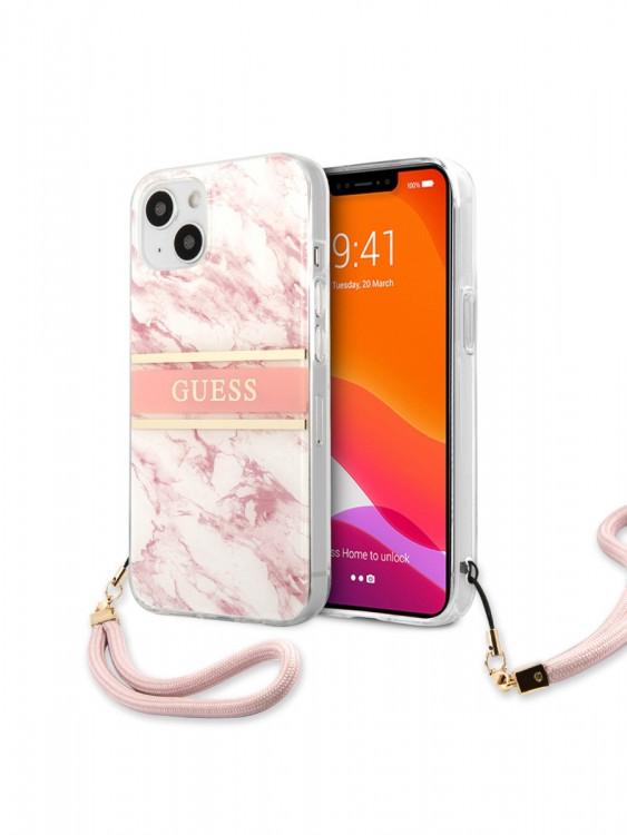 Чехол для iPhone 13 Guess PC/TPU Marble Hard + Nylon hand cord Pink (GUHCP13MKMABPI)