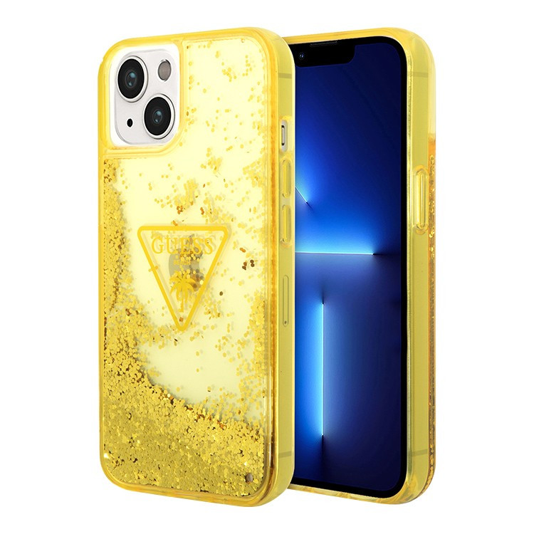 Чехол для iPhone 14 Guess Liquid Glitter Triangle logo Hard Translucent Yellow (GUHCP14SLFCTPY)