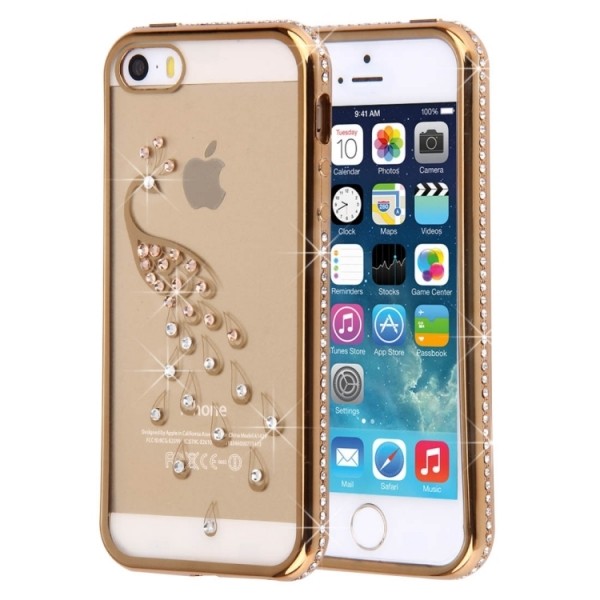 Гелевый чехол со стразами для iPhone 5 / 5S / SE с 3D павлином (Gold)