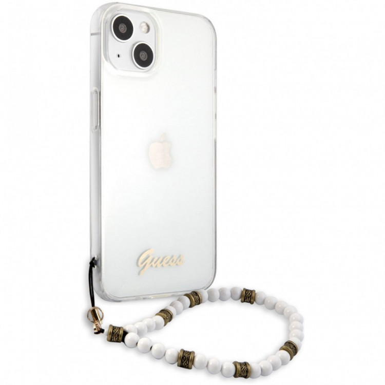 Чехол для iPhone 13 Guess PC/TPU Script logo Hard Transp + Pearl strap White (GUHCP13MKPSWH)