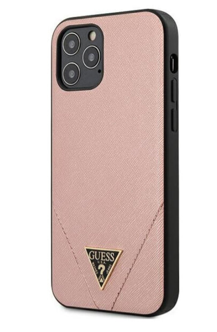 Чехол-накладка для iPhone 12 / 12 Pro (6.1) Guess Saffiano Triangle metal logo Hard PU, Pink (GUHCP12MVSATMLPI)