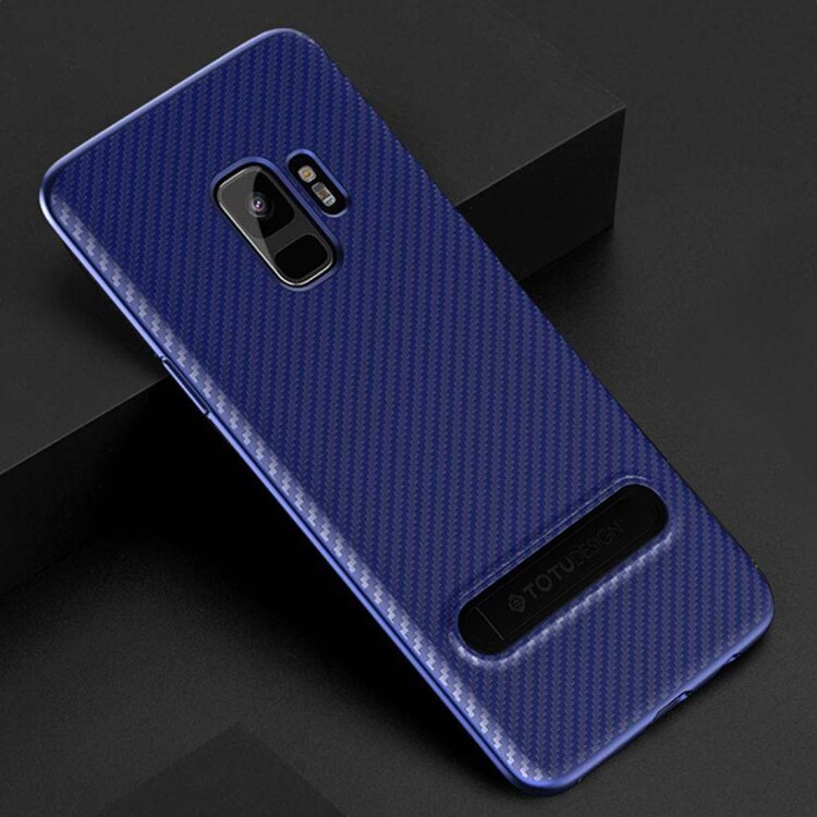 Карбоновый чехол TOTUDESIGN для Samsung Galaxy S9 Carbon Texture TPU с подставкой держателем (Blue)