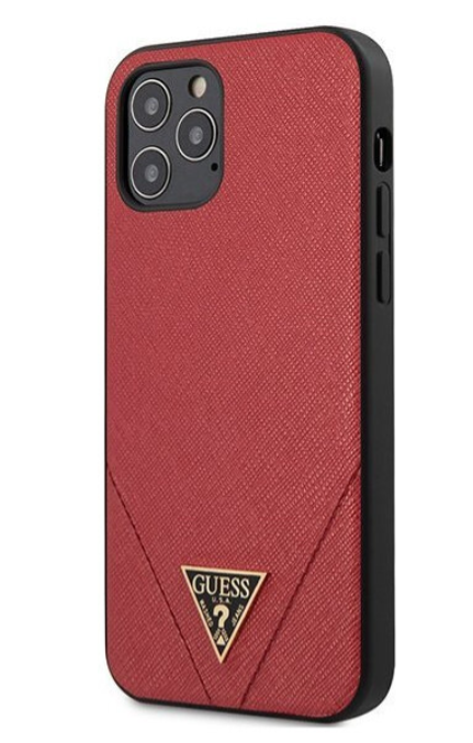 Чехол-накладка для iPhone 12 / 12 Pro (6.1) Guess Saffiano Triangle metal logo Hard PU, Red (GUHCP12MVSATMLRE)