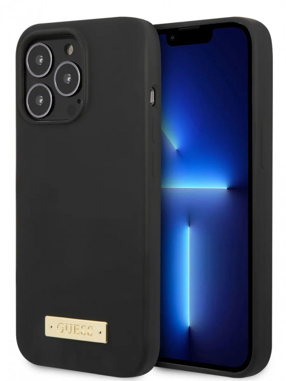 Чехол для iPhone 13 Pro Max Guess Liquid silicone Plate metal logo Hard Black (Magsafe) (GUHMP13XSPLK)