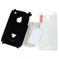 Кожаная наклейка на iPhone 3G, 3GS iMat II на заднюю панель (черная) + Прозрачная пленка на экран в комплекте!