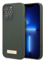 Чехол для iPhone 13 Pro Max Guess Liquid silicone Plate metal logo Hard Green (Magsafe) (GUHMP13XSPLA)