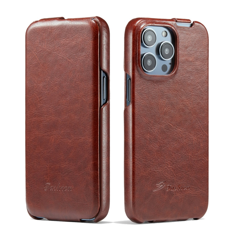 Кожаный чехол с вертикальным флипом для iPhone 14 Pro Fierre Shann (Brown)