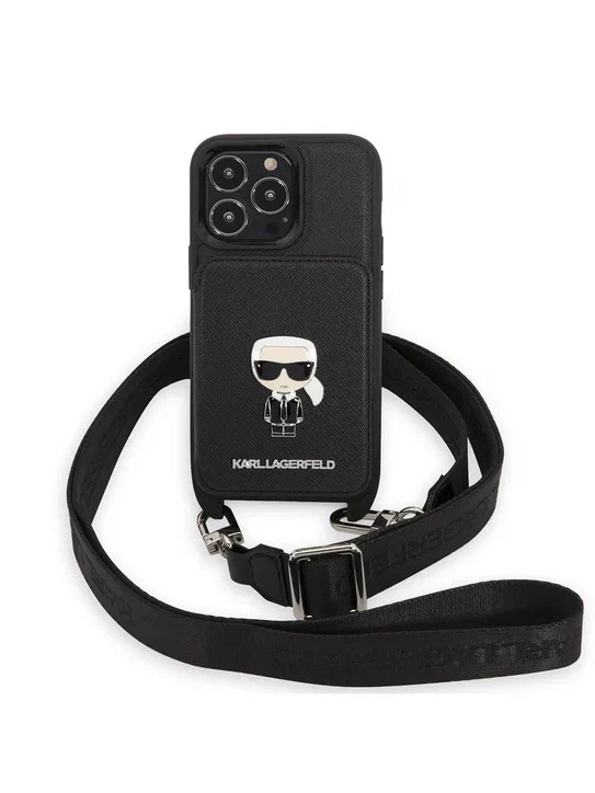 Чехол для iPhone 13 Pro Lagerfeld Crossbody cardslot PU Saffiano Karl Ikonik metal Hard Black (KLHCP13LSAIPCK)
