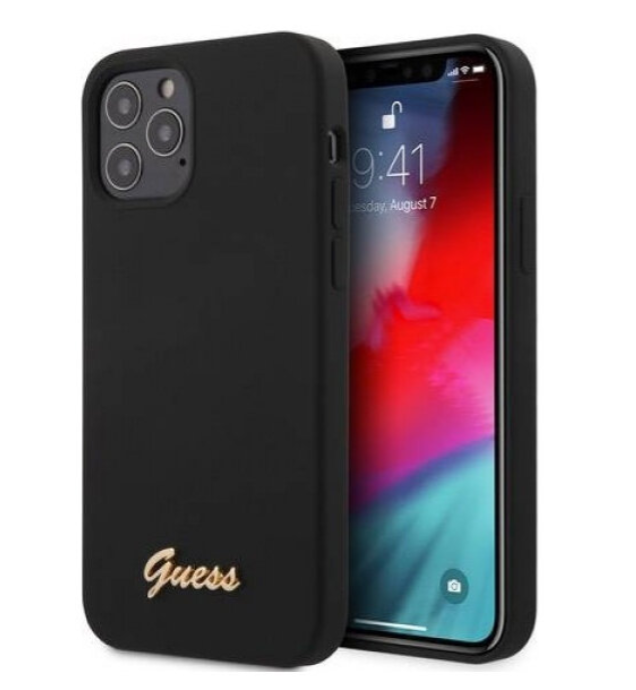 Силиконовый чехол-накладка для iPhone 12 / 12 Pro (6.1) Guess Liquid silicone Gold metal logo Hard, Black (GUHCP12MLSLMGBK)