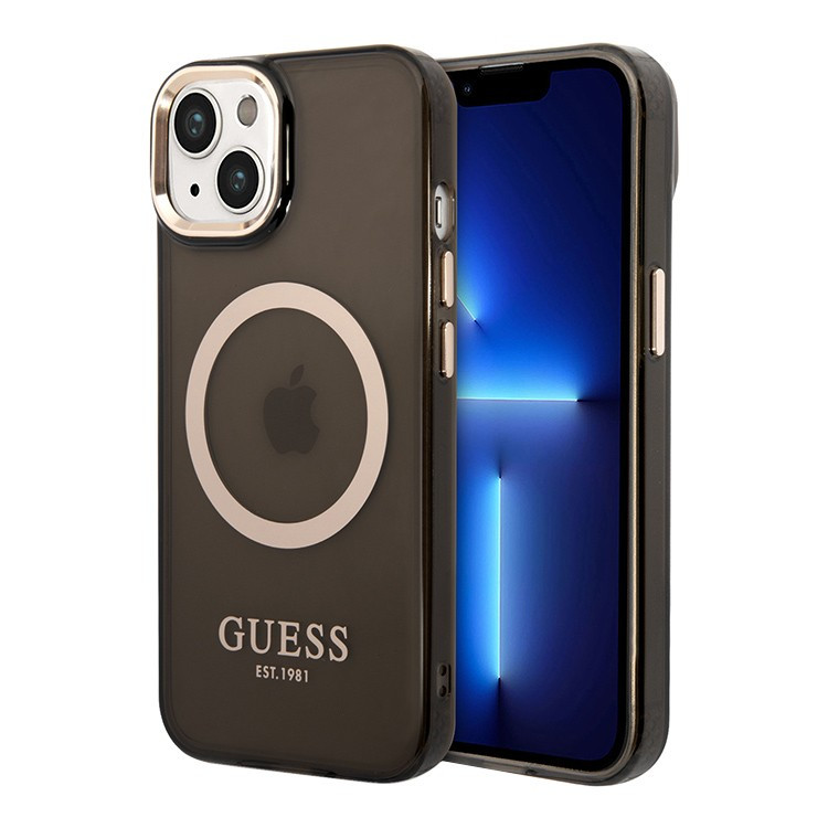 Чехол для iPhone 14 Guess PC/TPU Metal outline Hard Translucent Black/Gold (Magsafe) (GUHMP14SHTCMK)