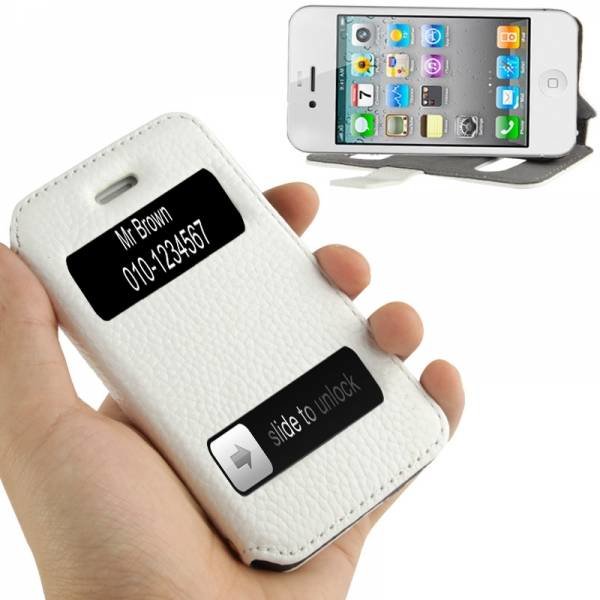 Кожаный чехол книжка Litchi для iPhone 4/4S с двумя окошками на дисплее (белый)