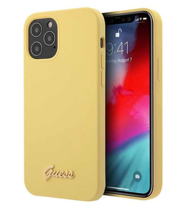 Силиконовый чехол-накладка для iPhone 12 / 12 Pro (6.1) Guess Liquid silicone Gold metal logo Hard, Yellow (GUHCP12MLSLMGYE)