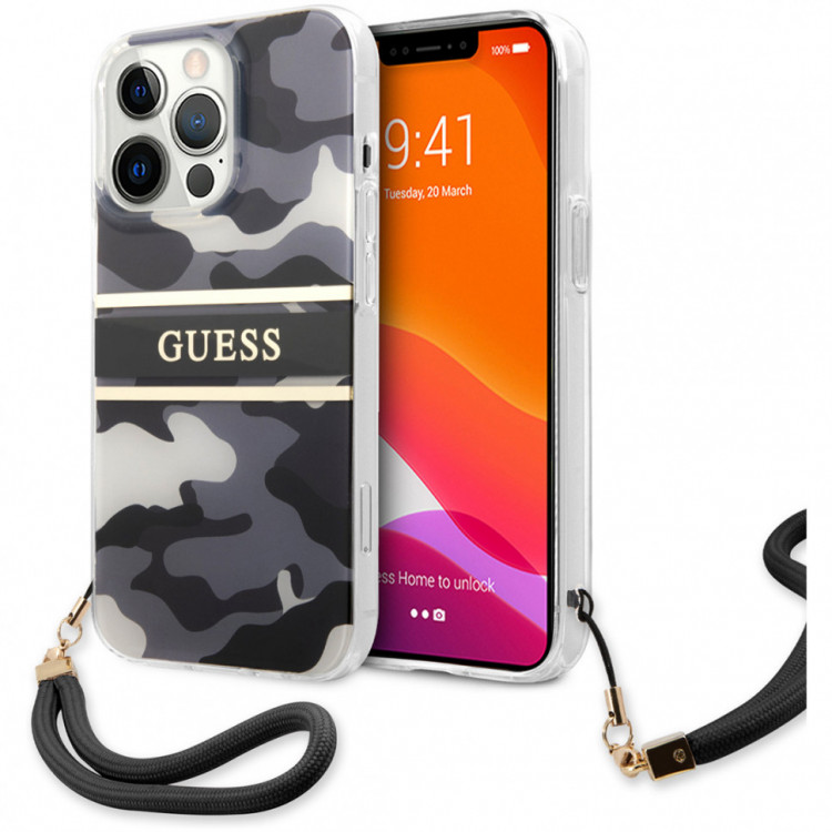 Чехол для iPhone 13 Pro Max Guess PC/TPU CAMO Hard + Nylon hand cord Black (GUHCP13XKCABBK)