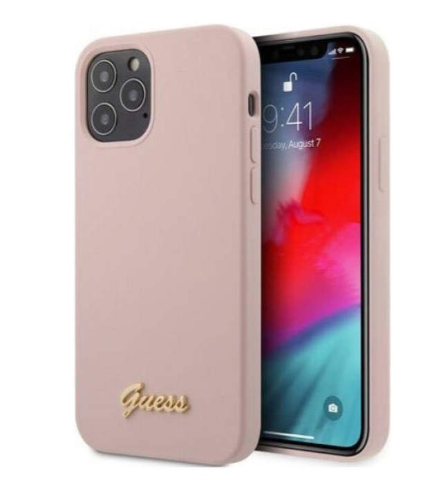 Силиконовый чехол-накладка для iPhone 12 / 12 Pro (6.1) Guess Liquid silicone Gold metal logo Hard, Pink (GUHCP12MLSLMGLP)